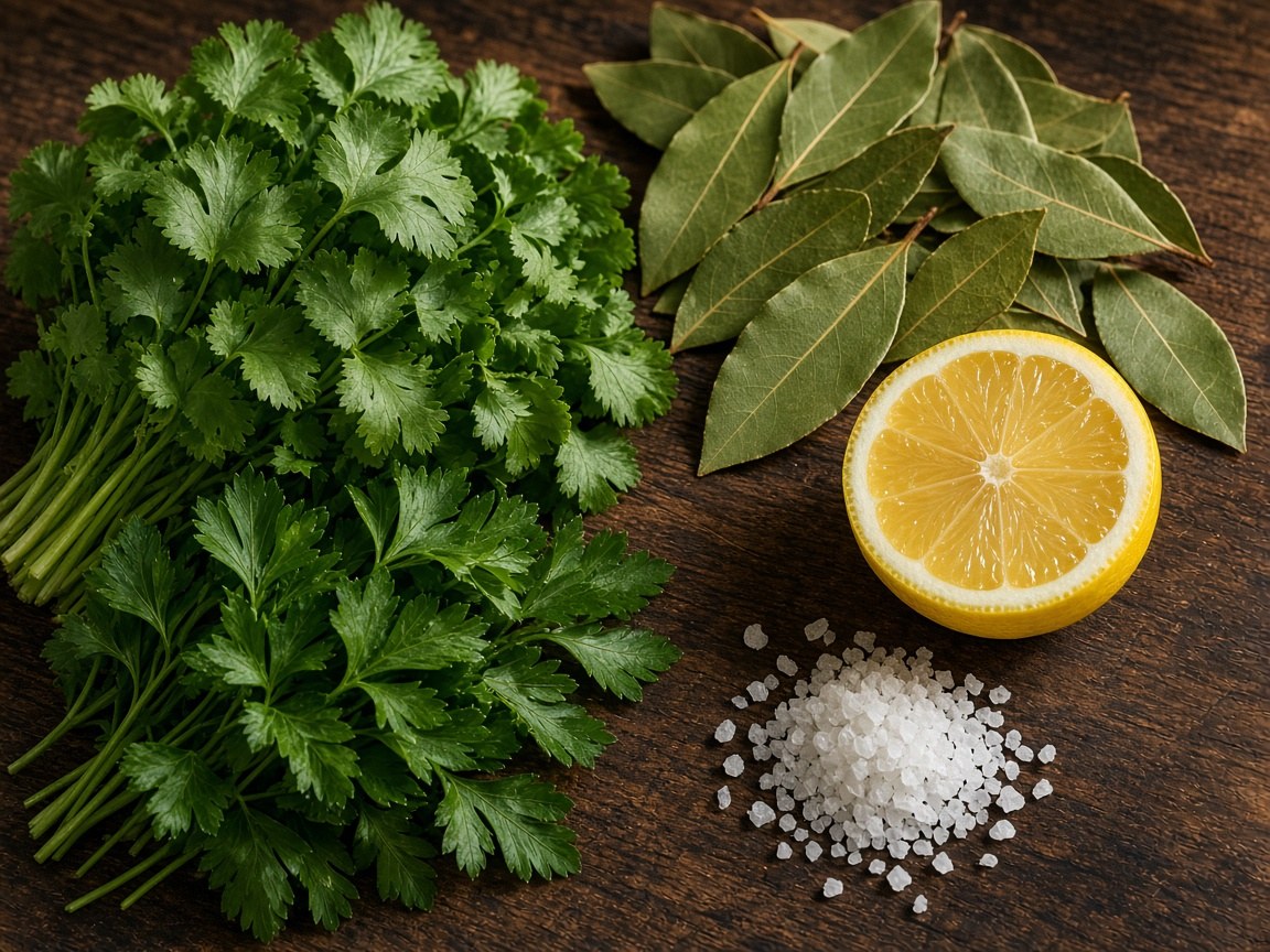 Hierbas verdes y sal gruesa — dosificar la sal con conciencia