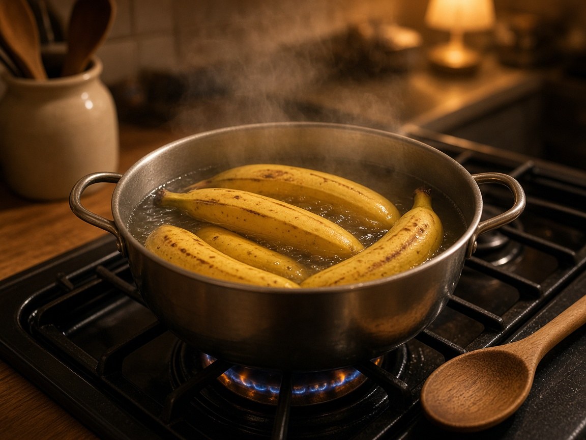 Bananas calentándose en agua — preparación de bebida caliente
