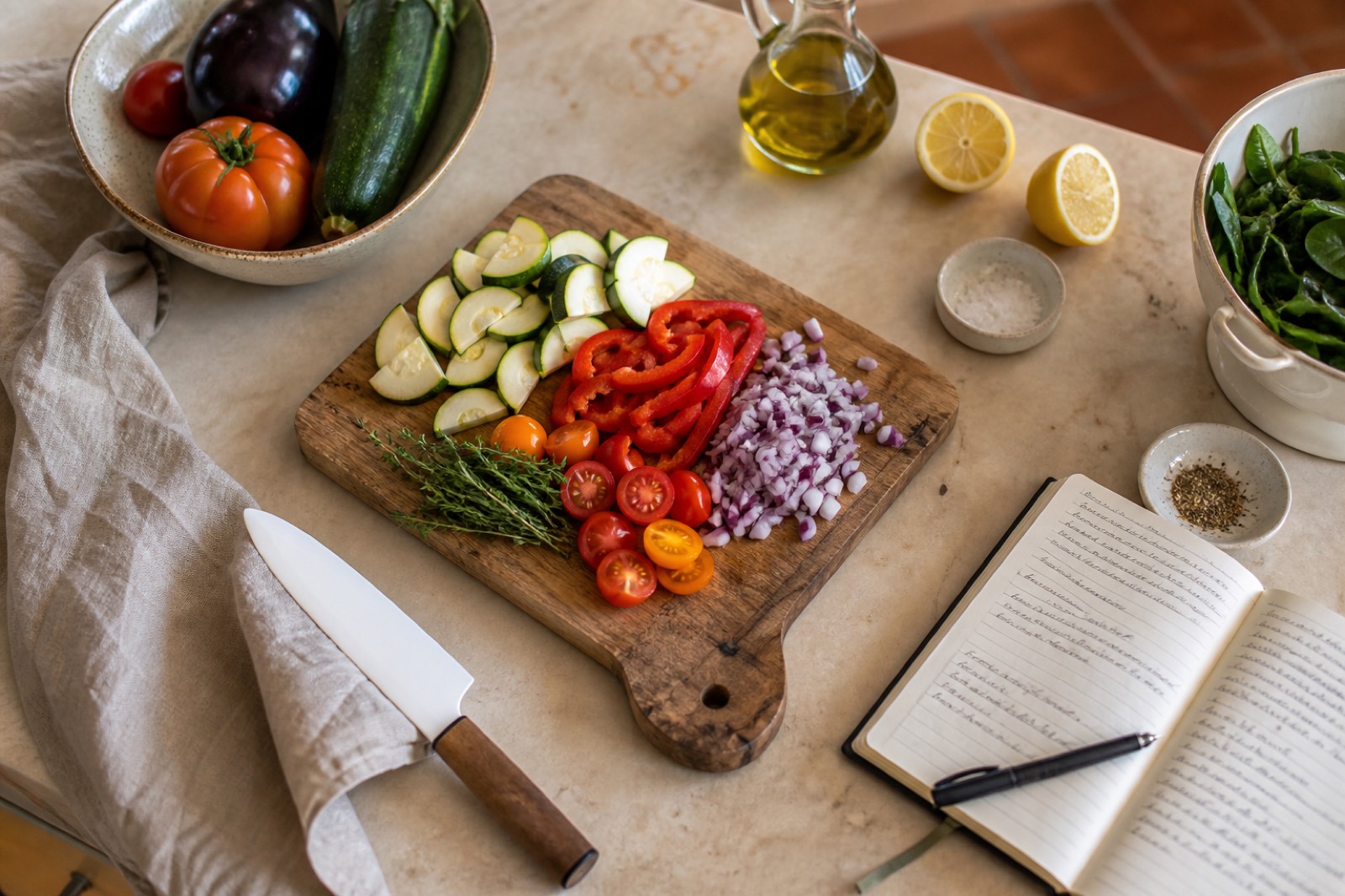 Tabla con verduras y cuaderno de recetas